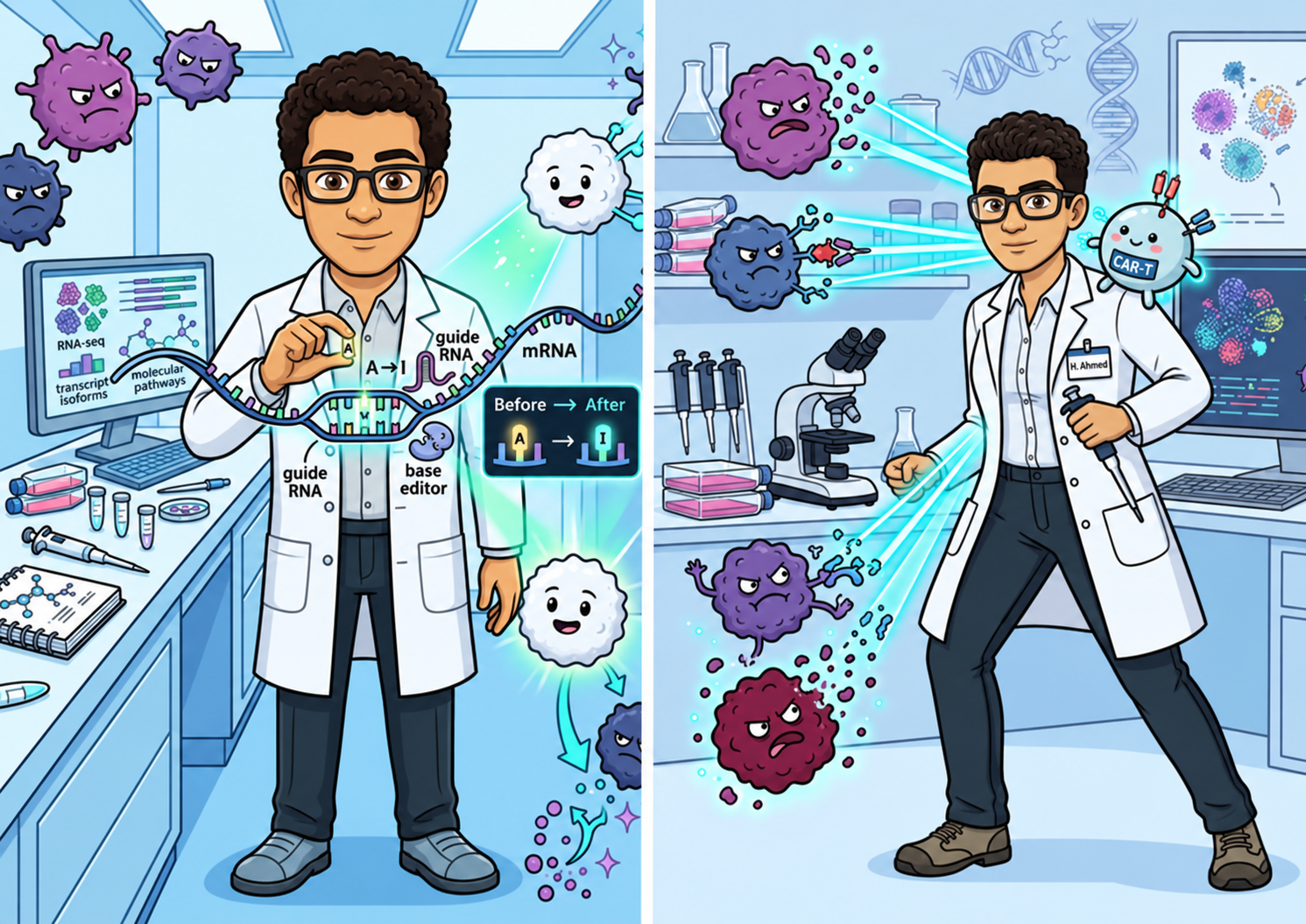 Two cartoon illustrations of Nabil Ahmed working in a laboratory